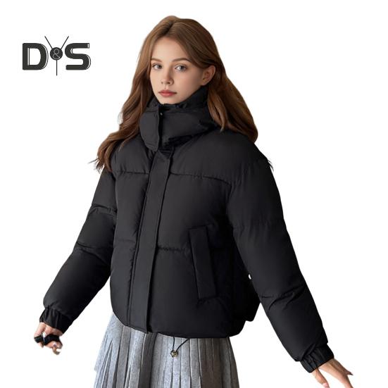 

Зимняя женская хлопковая куртка с воротником-стойкой и капюшоном, защита шеи, короткие карманы, застежка-молния, стеганое пальто, однотонная ветрозащитная верхняя одежда, парка M чёрный