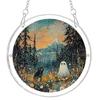 Durable Acrylic Halloween Suncatcher Jigsaw Puzzle Set, Spooky Ghost Floral Meadow Window Hanging Ornament with Metal Porch Decoration Frame & Chain,