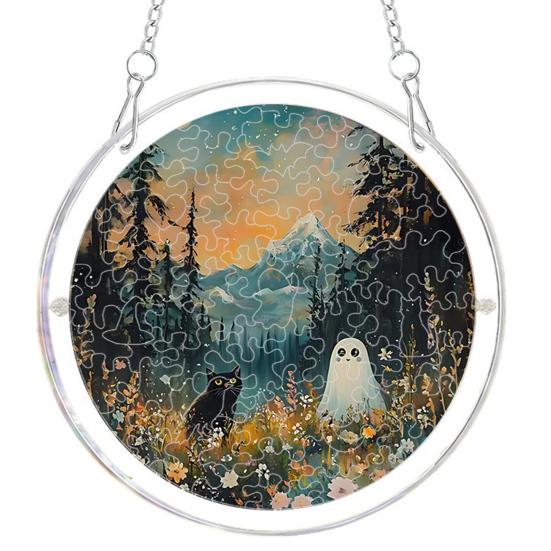 Durable Acrylic Halloween Suncatcher Jigsaw Puzzle Set, Spooky Ghost Floral Meadow Window Hanging Ornament with Metal Porch Decoration Frame & Chain,
