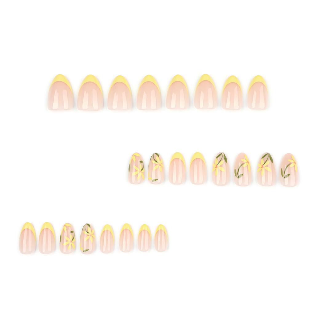 French Yellow Almond Gel Nails with Fresh Flower Design - Detachable Short Wearable False Nails