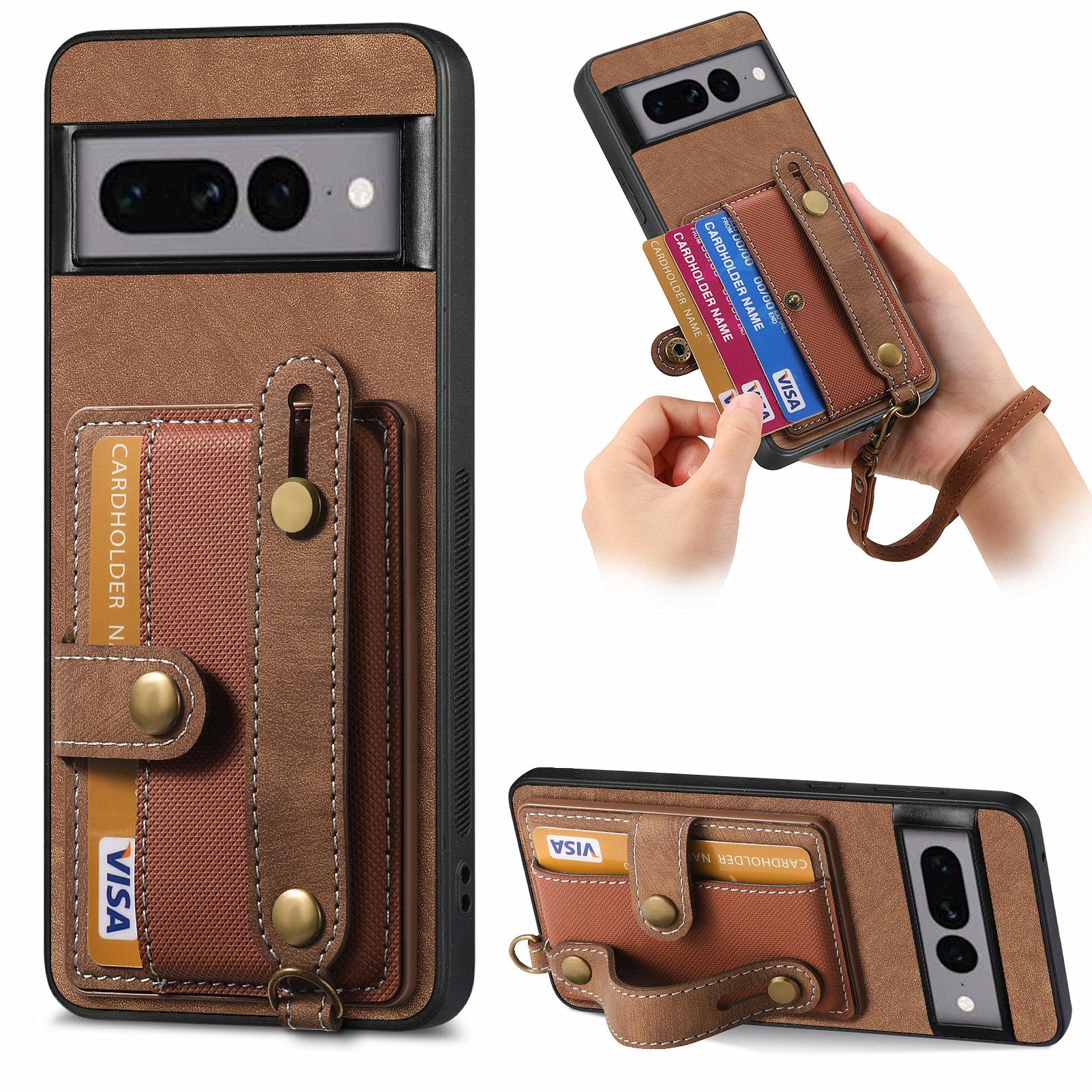 

Wristband Wallet Cards Solt Leather Phone Case For Google pixel 7A 6A 7 8 Pro 6 Hand Strap Skin Feeling Bag Pocket Cover Fundas For Google pixel8pro темно-коричневого кольору