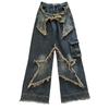 American Vintage Washed Five-Point Star Frayed Hem Jeans for Women High Street Niche Oversized Straight Leg Long Pants