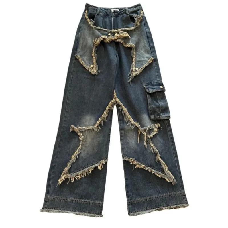 American Vintage Washed Five-Point Star Frayed Hem Jeans for Women High Street Niche Oversized Straight Leg Long Pants