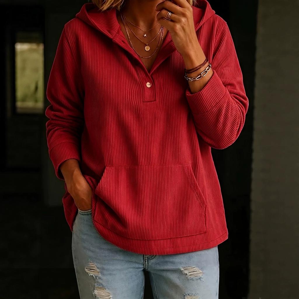 Damen Freizeit Locker Geschnittener Pullover Hoodie Langarm Farbe mit Taschen für Herbst Winter