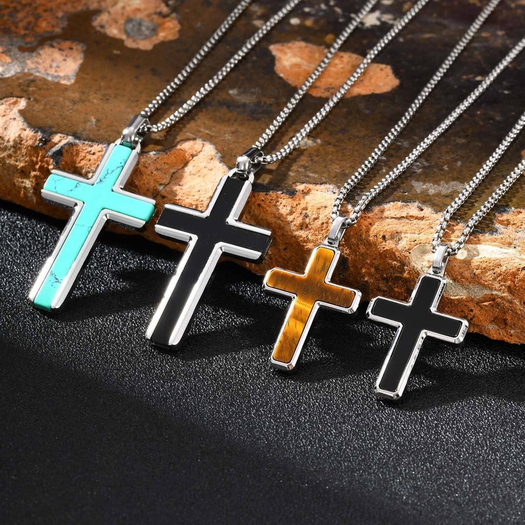 Vnox Stainless Steel Cross Pendant Necklace for Men Boys, Turquoise Black Onyx Tiger Eye Cross Box Chain Valentines Day Gifts