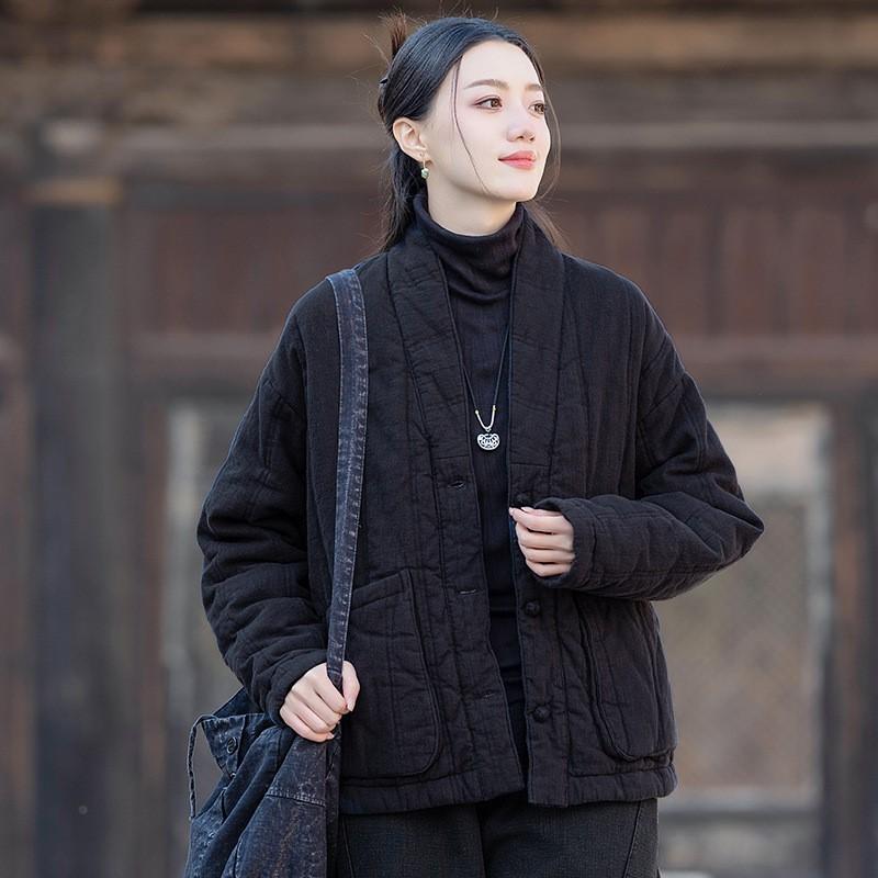 Johnature Women Chinese Style Button V-Neck Solid Color Coats Winter Pockets Coats