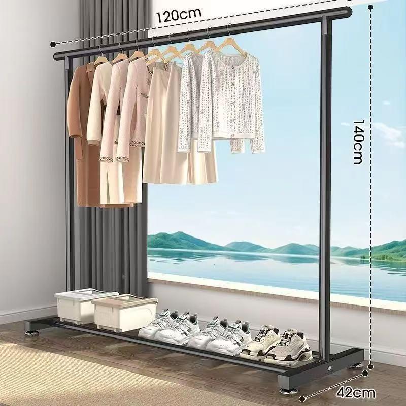 Sturdy Double Bar Wardrobe Rack for Dorms: Floor-Standing, Dual-Layer Clothes & Hat Hanger for Bedrooms and Balconies.