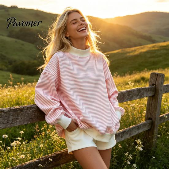 Sporty Workout Tops Women Mock Neck Striped Sweatshirt, Oversized Long Sleeve Pullover Top for Fall, Casual Half Turtleneck Shirt with Ribbed Cuffs