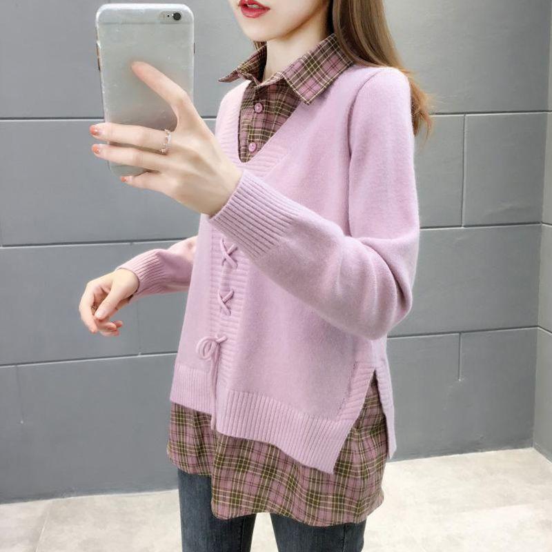 

Весенне-осенний свитер-пуловер женский свободного ленивого стиля с лацканами, со стежкой, двухслойный XS розовый