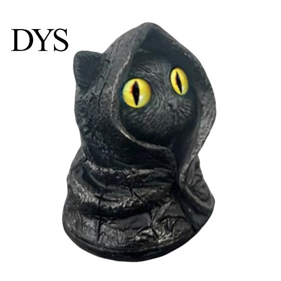 Fantasy Creature Figurine Mysterious Hooded Black Cat Resin Figurine, Gothic Wizard Statue with Big Eyes, Witch Themed Decoration Mini Desktop
