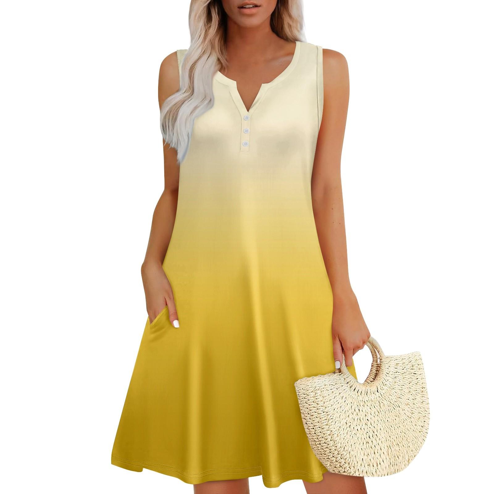 

Женские летние платья Свободные сарафаны без рукавов с V-образным вырезом Платье с карманами XL жёлтый