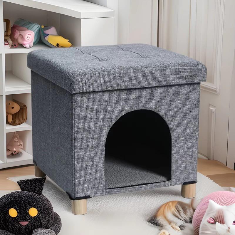 Foldable Pet Bed Bench Cats Small Dogs Multi-Functional Storage Seat Portable Fabric Lounger In Gray Blue Dark Brown
