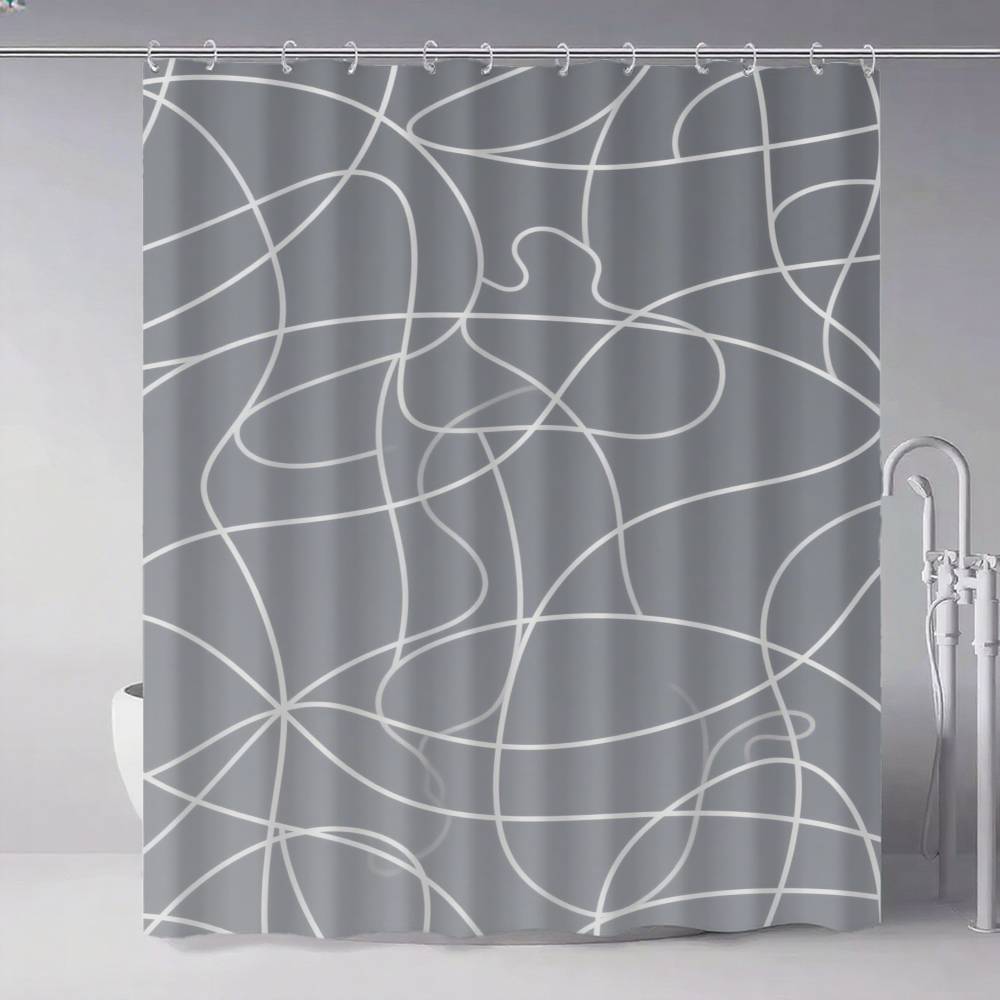 Soft Curvy Line Geometric Minimalist Patterns Shower Curtain, Bathroom Decorative Shower Curtain, Waterproof Curtain With Hooks
