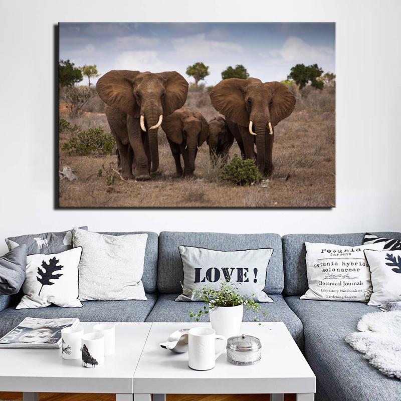 Die afrikanische Grasland-Landschaft, Poster und Drucke, Wandkunst, Leinwand, Malerei, Wanddekoration, Bilder der Familie der Elefanten