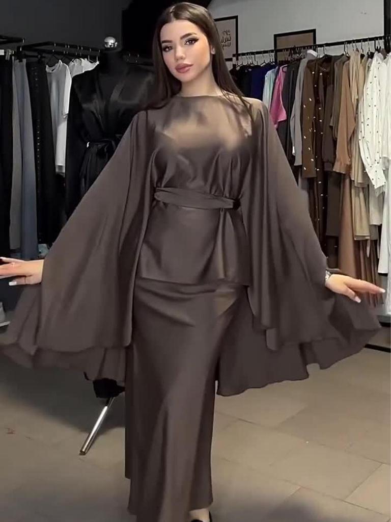 2024 Spring Drapey Satin Round Neck Dress with Batwing Sleeves and Tie Waist
