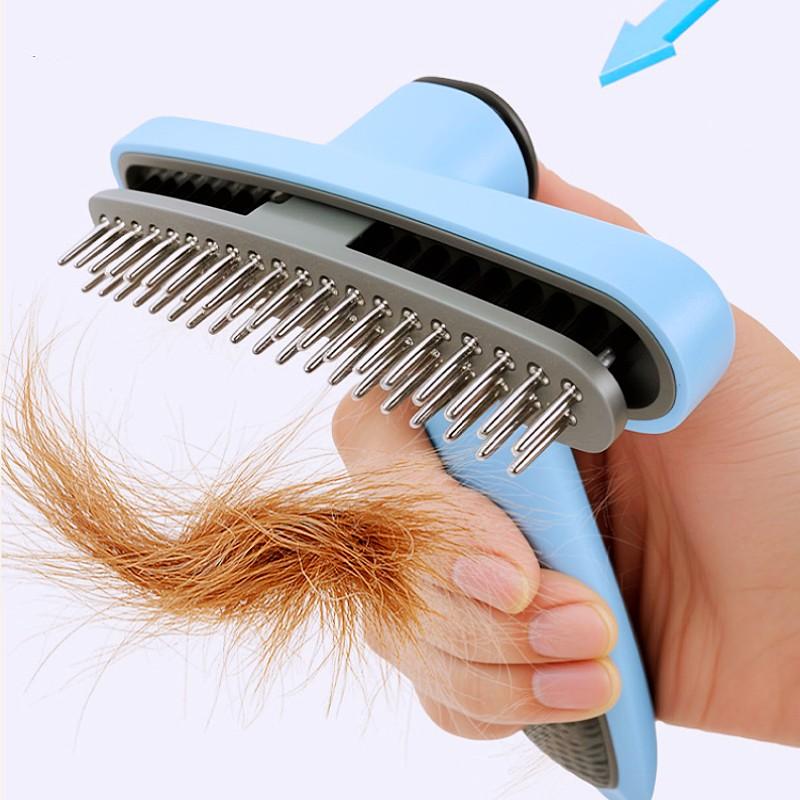 Dog Comb One-click Dog Brush Double Row Rake Combs for Dogs Hair Knot Cleaning Self Cleaning Dogs Rake Comb Pet Grooming Brush
