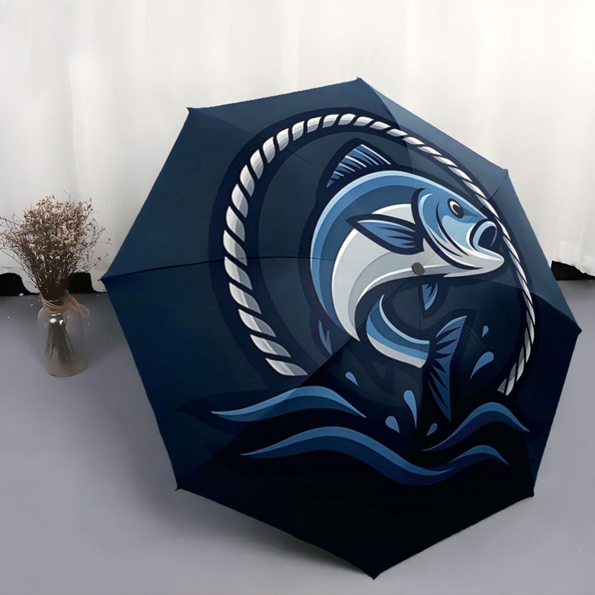 Fishing-Themed Automatic Open/Close Umbrella with Leaping Fish Design - Compact Folding Umbrella, Portable Travel Umbrella for