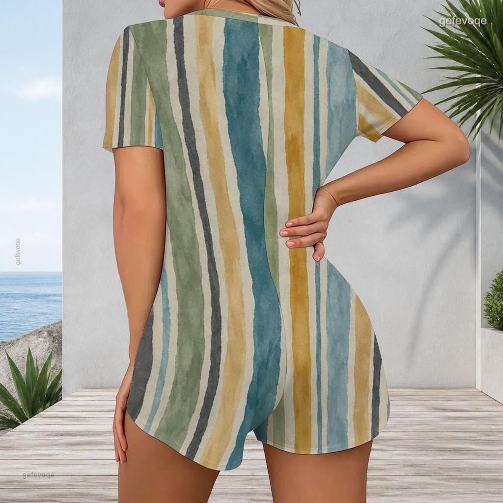 Women Plus Size Blue White Striped Printed V Neck Short Sleeve Button Front Fitted Romper Shorts