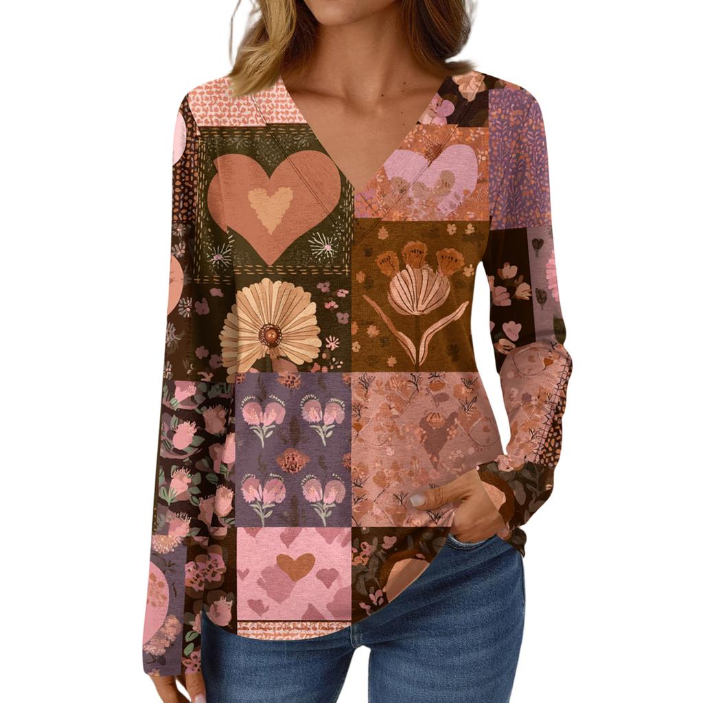 Women's Casual Fashion Brushed Retro Floral Print Long Sleeve V-Neck Top T-Shirt