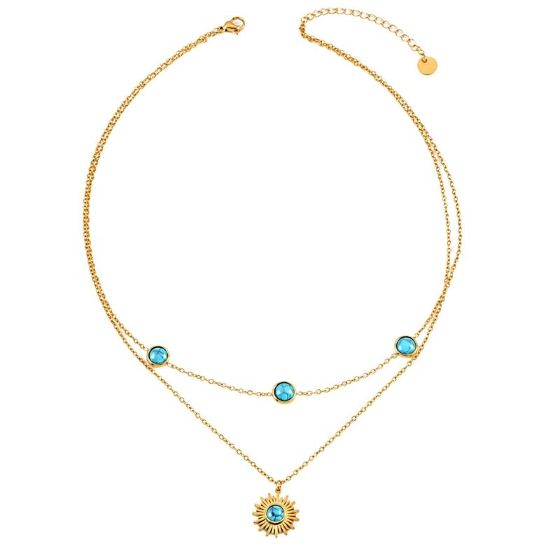 Gold-Tone Double-Strand Necklace Design with Stainless Steel and Titanium Steel Construction, Sunflower Pendant, and Adjustable Collarbone Chain