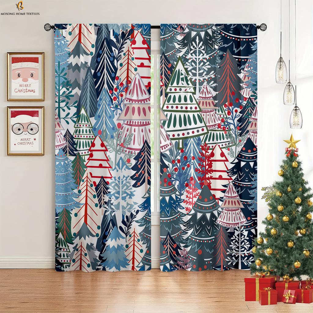 Set Of 2 Cute Cartoon Santa Claus Snowman Snowflake Printed Curtains Bedroom Dining Room Christmas Party Decoration Curtain For Master Made Polyester