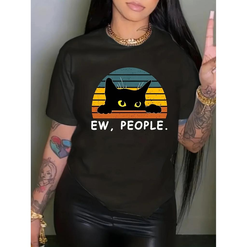 Cat Letter Print Crew Neck T-Shirt, Casual Short Sleeve T-Shirt For Spring & Summer, Women's Clothing