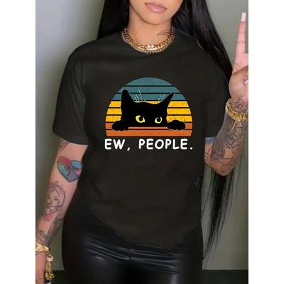 Cat Letter Print Crew Neck T-Shirt, Casual Short Sleeve T-Shirt For Spring & Summer, Women's Clothing