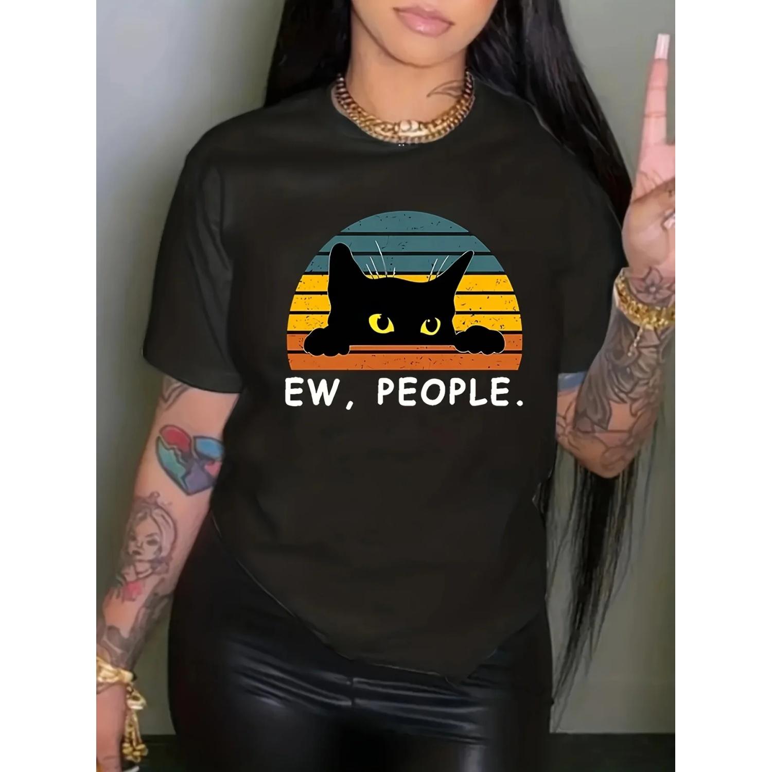 

Cat Letter Print Crew Neck T-Shirt, Casual Short Sleeve T-Shirt For Spring & Summer, Women s Clothing S чёрный