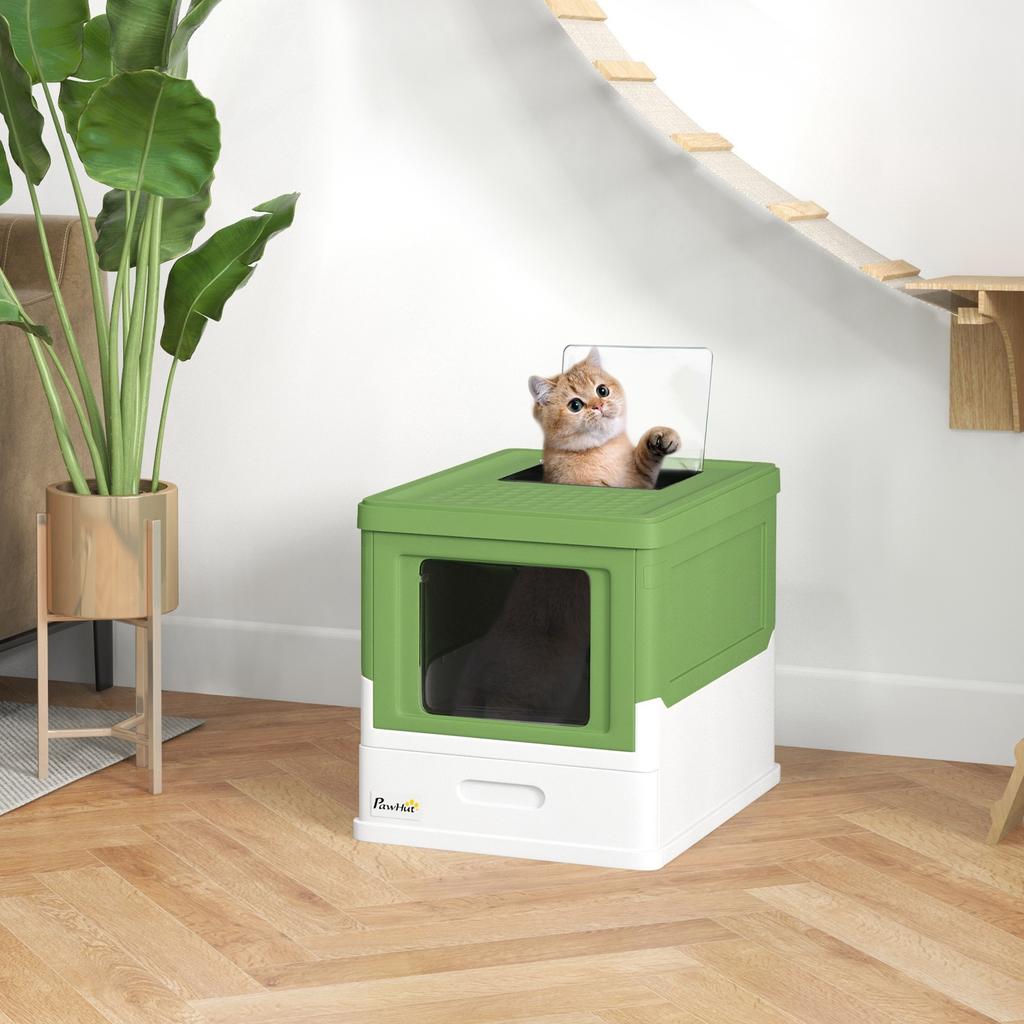 Hooded Cat Litter Box, Portable Pet Toilet, with Scoop, Front Entry - Emerald Green