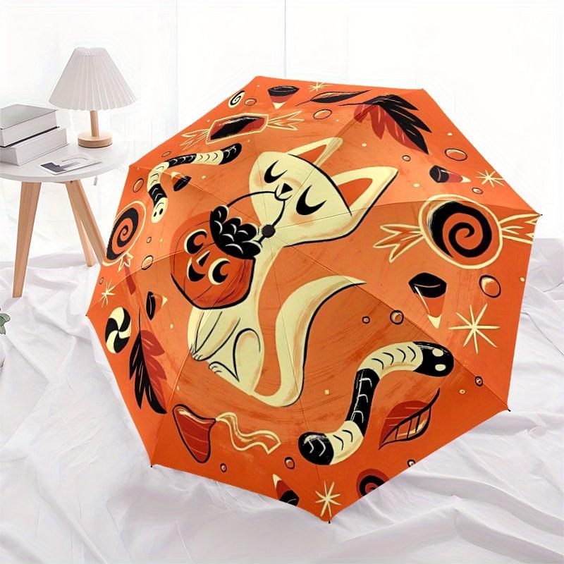 1pc Halloween Cat Automatic Open/Close Umbrella - Compact Travel Umbrella, 8-Rib Heavy-Duty Construction, Ideal Gift, Outdoor Accessory009