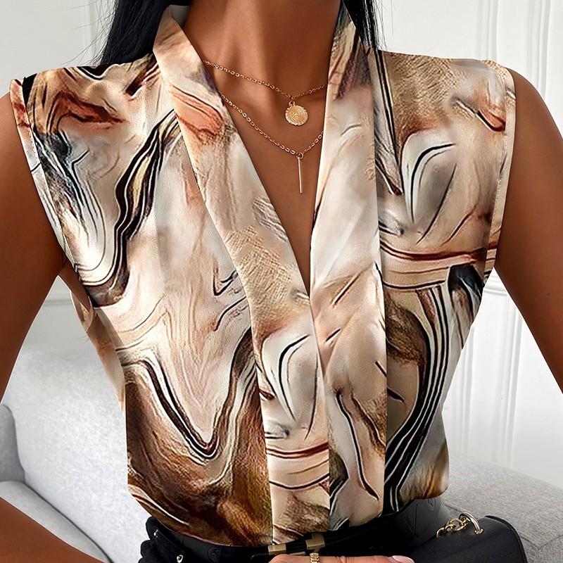 

Летняя женская модная повседневная рубашка без рукавов с V-образным вырезом и принтом XXL