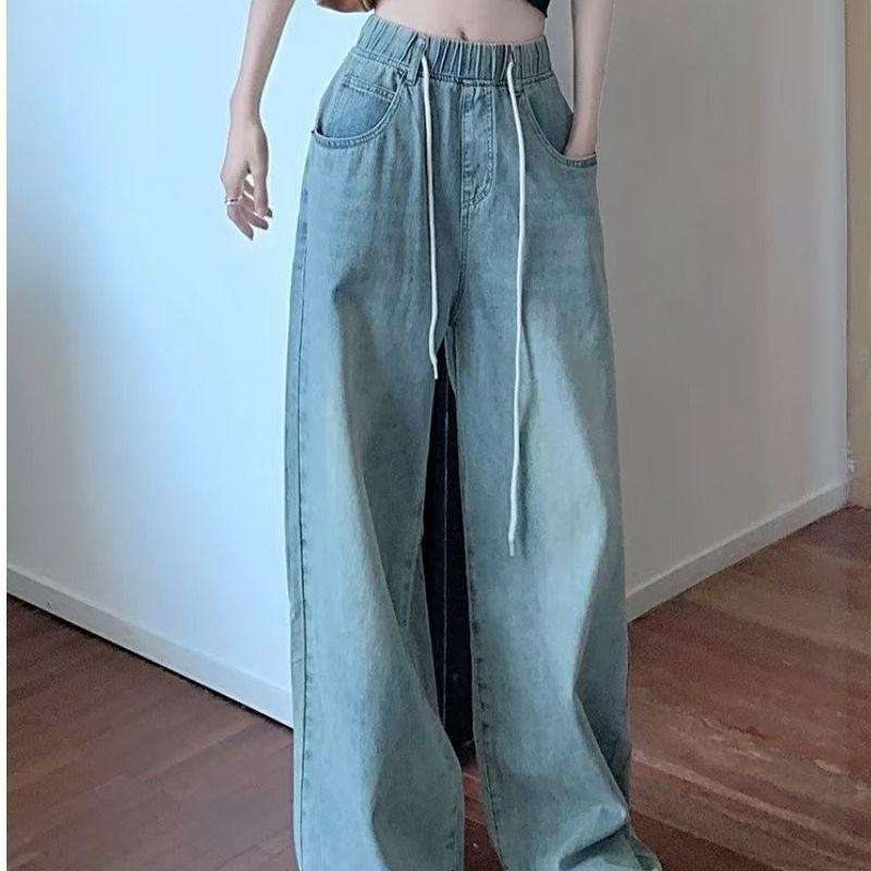 Women's Autumn Wide-Leg Elastic-Waist Jeans: High-Waist, Loose-Fit, Straight-Leg with Drawstring.