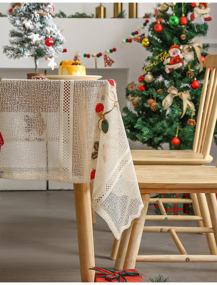 Christmas Beige Lace Tablecloth Beige Red Lucky Bells Washable Table Cover for Party Wedding Picnic Dinner Decor
