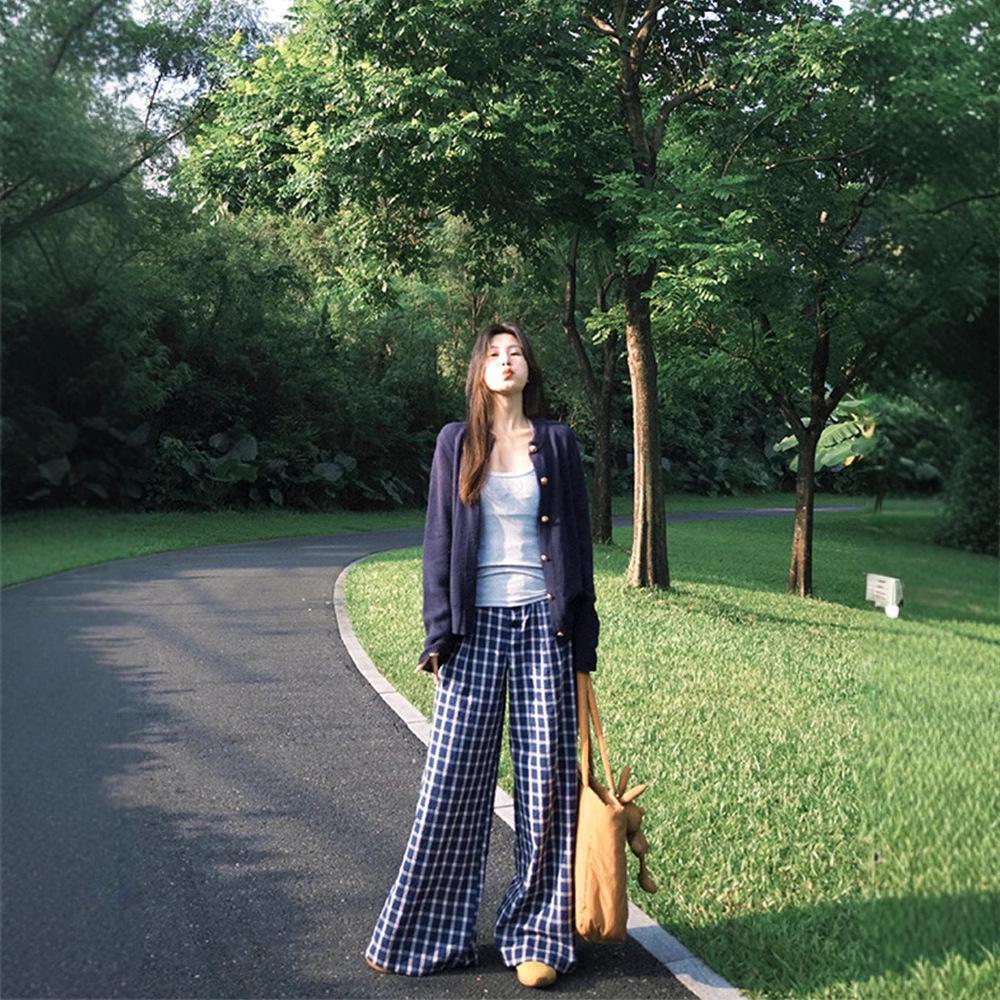 Women's Retro Blue Plaid High Waist Wide Leg Pants - Loose, Floor-Length, 145 Petite Style