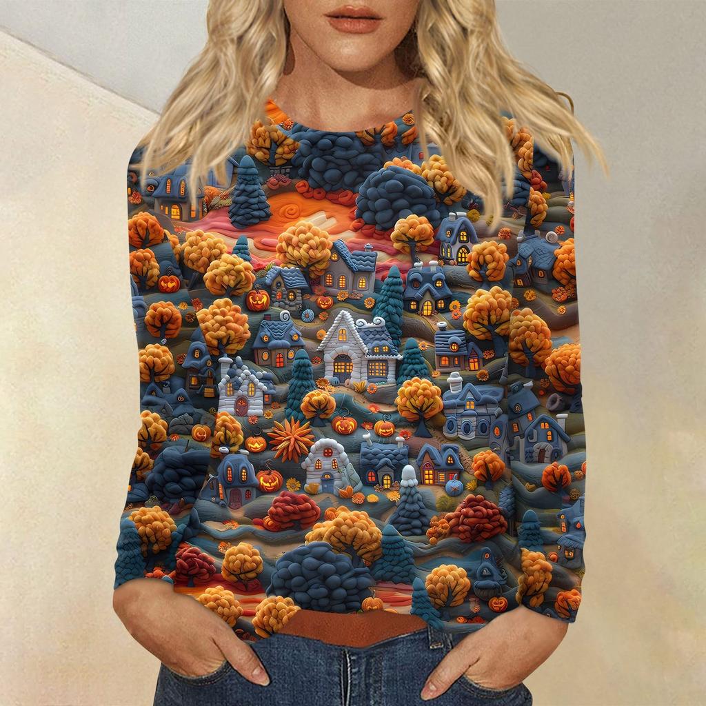 Women's Fashion Casual Halloween Printed Round Neck Long Sleeve Pullover Top