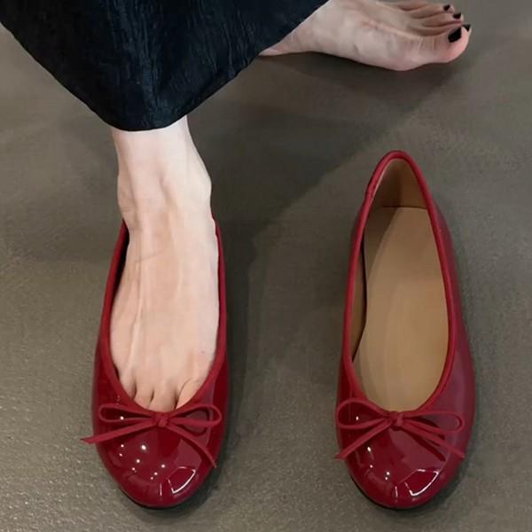 Cowhide model~ leather round head bow flat-bottomed French retro ballet shoes women's one-pedal commuter single shoes ladyshoes