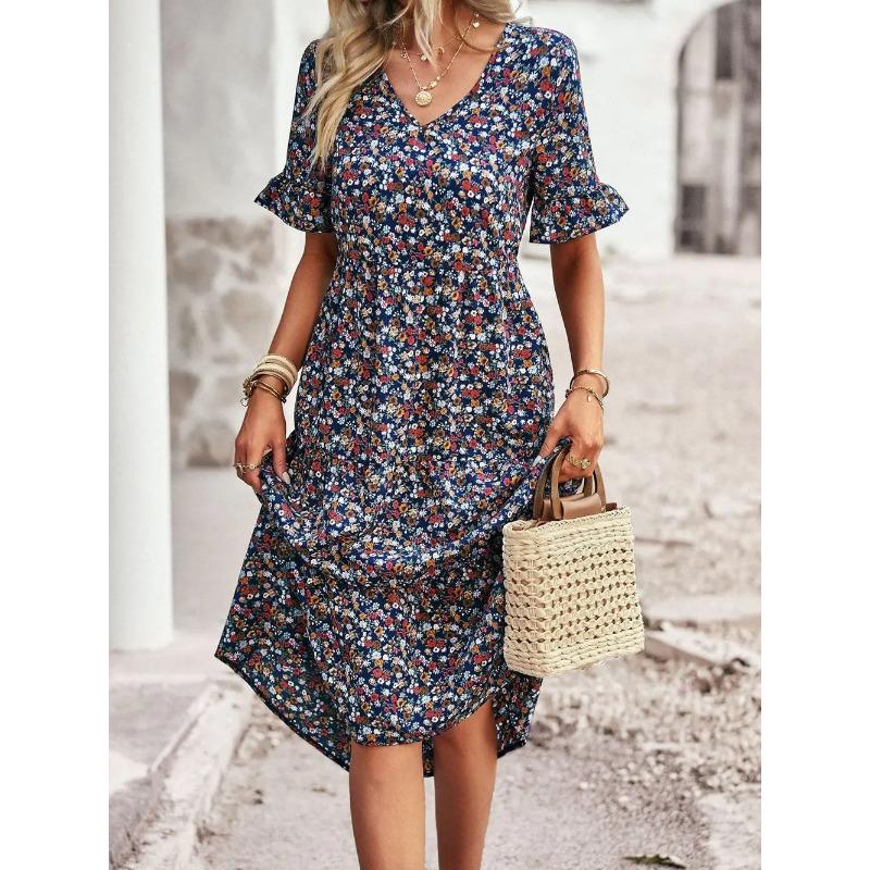 Sommerkleid für Damen, V-Ausschnitt, elegant, bedruckt, kurzärmelig, hohe Taille, A-Linie, Blumenmuster, Urlaubskleid