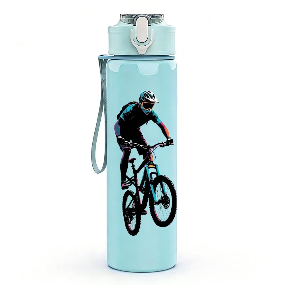 1PC Bicycle Rider Sport Character Print 750ml Color Plastic Sports Water Bottle Leakproof Flip Straw Lid Suitable for Sports Office Home Use