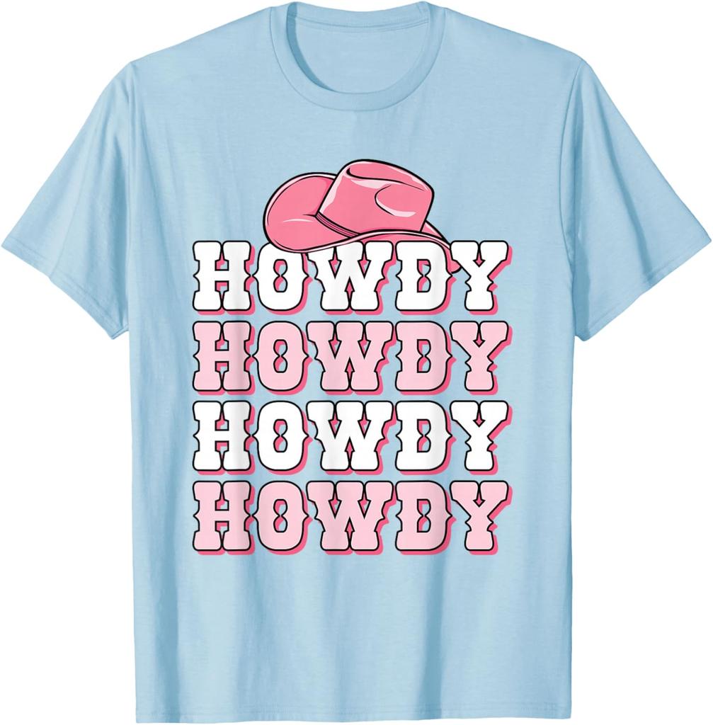 Howdy Pink Cowboy Hat Western Graphic Tee Soft Breathable Casual T-Shirt for Women