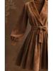 2026 Camel Suede Lapel Lace-up Short Coat Dress - European & American Retro Bathrobe Style
