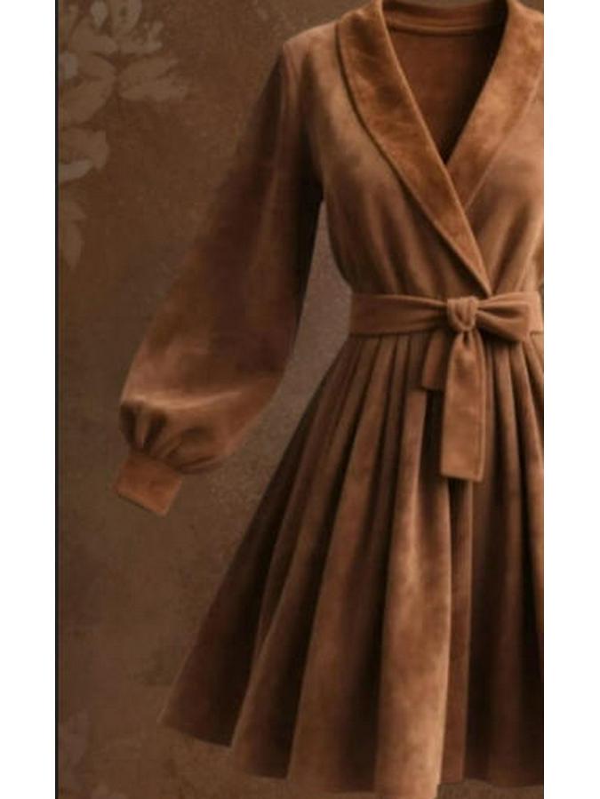 2026 Camel Suede Lapel Lace-up Short Coat Dress - European & American Retro Bathrobe Style