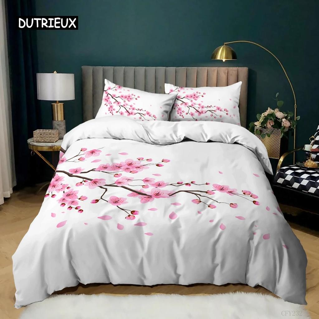 Erik Çiçeği Nevresim Takımı King Pembe Çiçekli Kız Çocuklar İçin Mikrofiber Dallı Baskılı Yatak Örtüsü Takımı