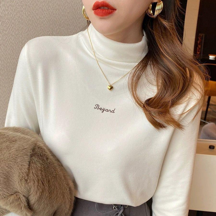Velvet Semi-High Neck Embroidered Sweatshirt - Korean Style, Autumn/Winter Trendy Long Sleeve Pullover