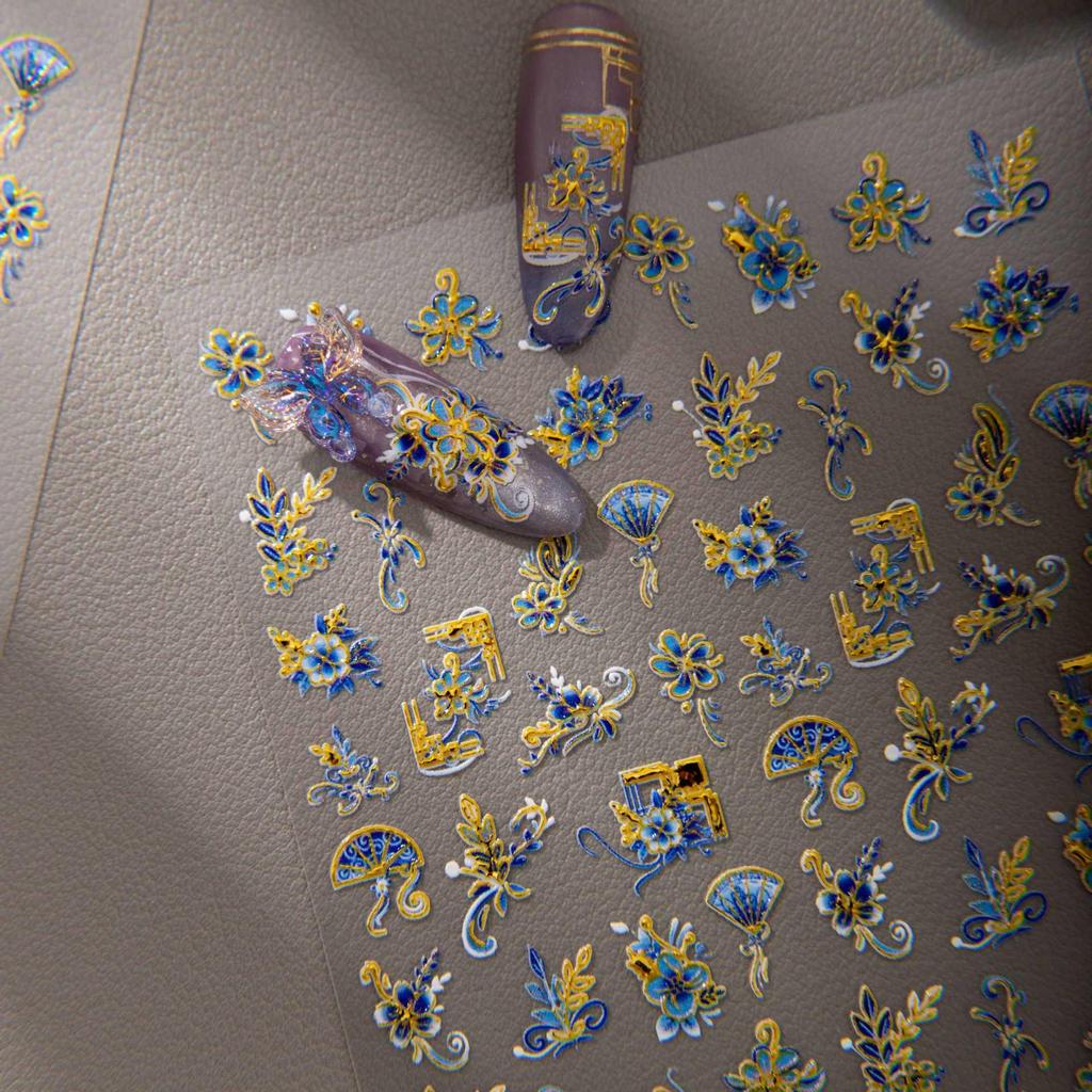 Cyansea Hot Stamping Blue Flower Feather Fan Nail Stickers