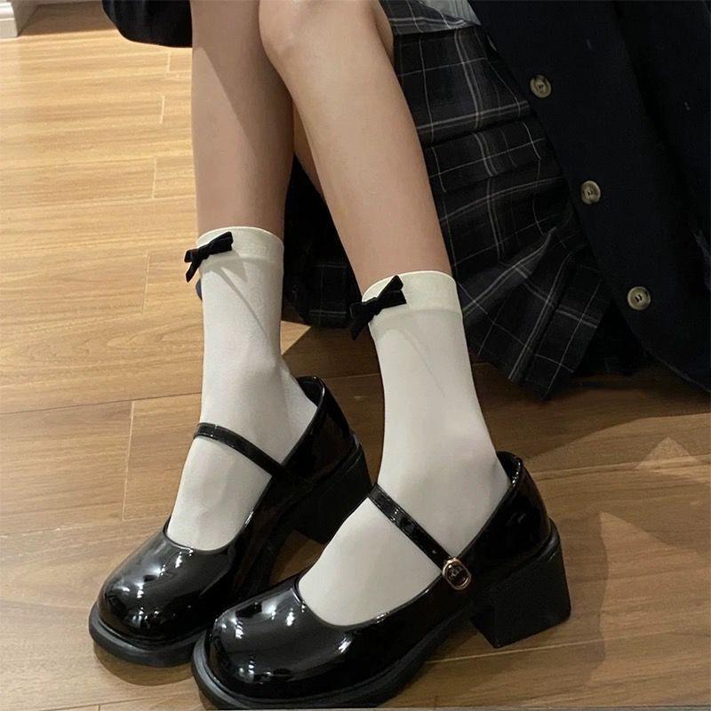 Velvet Bow Ballet Girl Medium Tube Socks Two Wear Pile Socks White JK Socks Lolita Socks Calf Over Knee