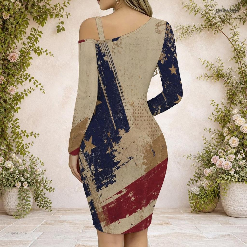 Women Plus Size One Shoulder Cold Shoulder Long Sleeve Printed Chain Strap Cross Hem Bodycon Dress