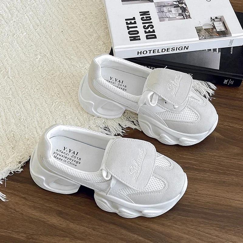 NEW Mid Heel Pumps Women's Mesh Shoes Comfy High Brand Genuine Leather Summer Lace Up Chunky Sneaker Casual Shoes