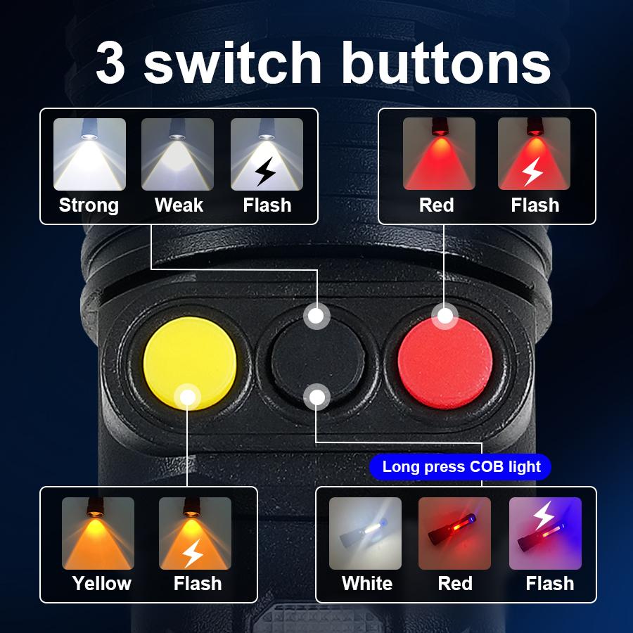 99000LM High Power Flashlight 3 Light Source Rechargeable Torch With Yellow Light Outdoor Work Camping Lantern Zoom Torch Light