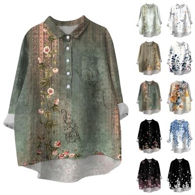 Women's Shirt Blouse Long-sleeved With Buttons Print Casual Hem Irregular Shirt Collar Top