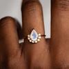 Pear Moonstone Ring with Opal Halo – Nature Inspired Gold Plated Boho Engagement Ring, Unique Promise Anniversary Gift for Women